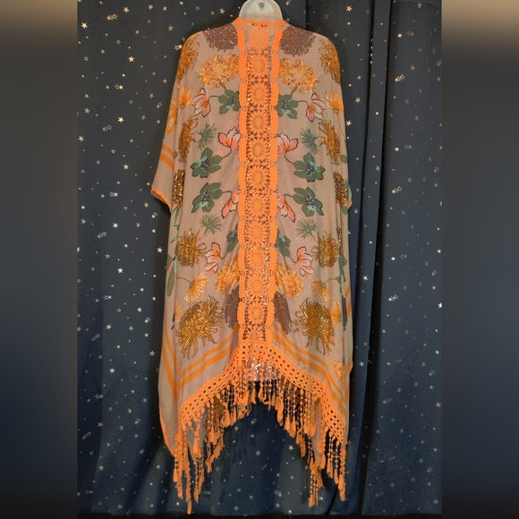 Flowy Bohemian Floral Kimono With Gold Accents And Fringe - Picture 2 of 5